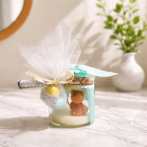 Μπομπονιέρες Βάπτισης Αρκουδάκι με Μπαλόνι – Κερί σε Γυάλινο Βαζάκι