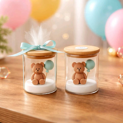 Μπομπονιέρες Βάπτισης Αρκουδάκι με Μπαλόνι – Κερί σε Γυάλινο Βαζάκι